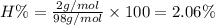 H\%=\frac{2 g/mol}{98 g/mol}\times 100=2.06 \%